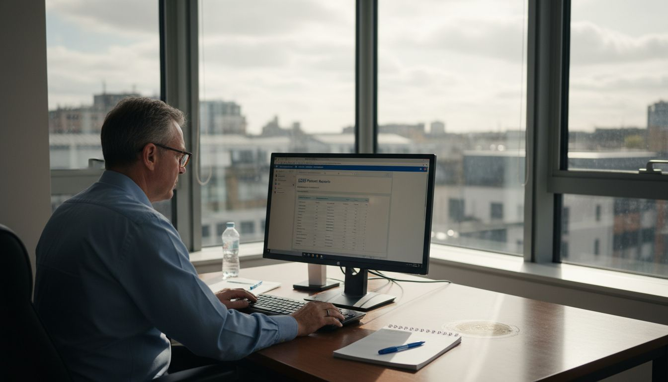 Doctor reviewing digital health records at desk