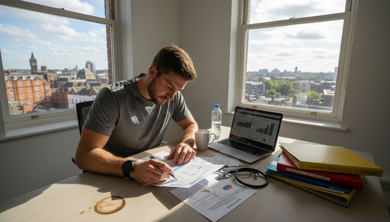 Athlete reviews health diagnostics in office