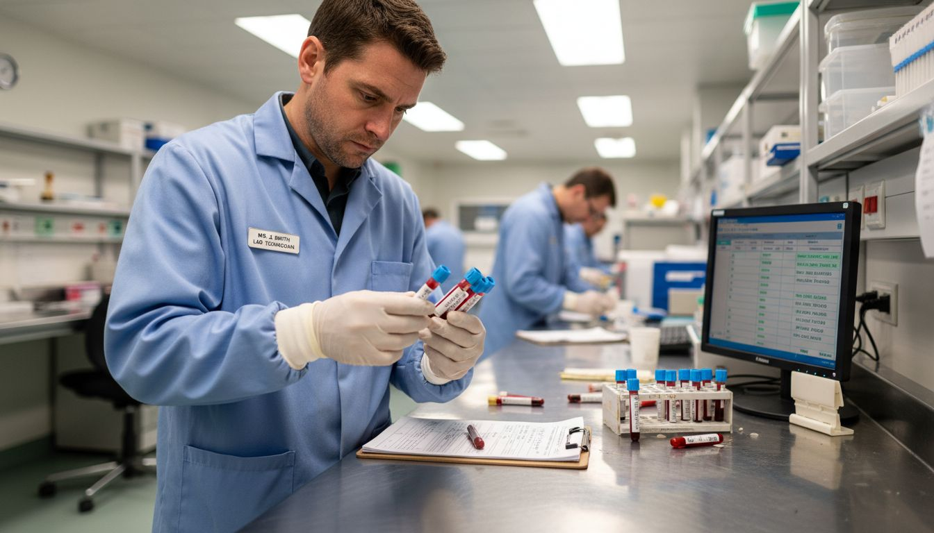 Lab technician sorting blood samples in hospital lab