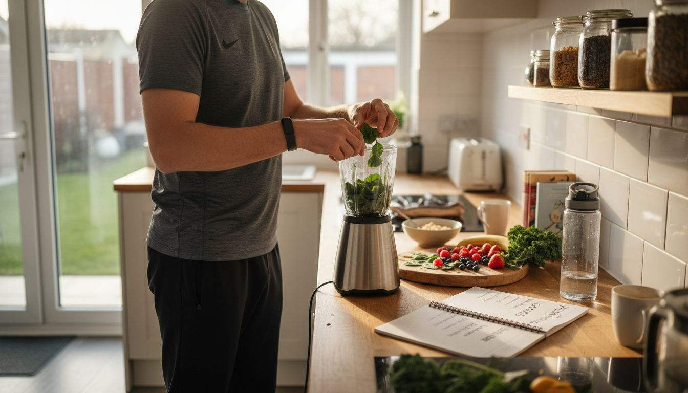 Man prepping healthy smoothie in kitchen