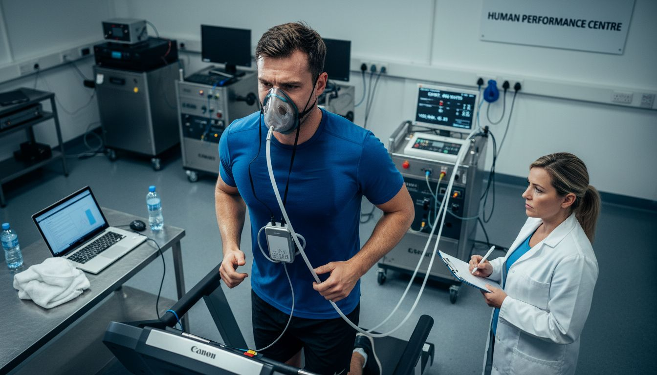 Athlete running treadmill with VO2 mask