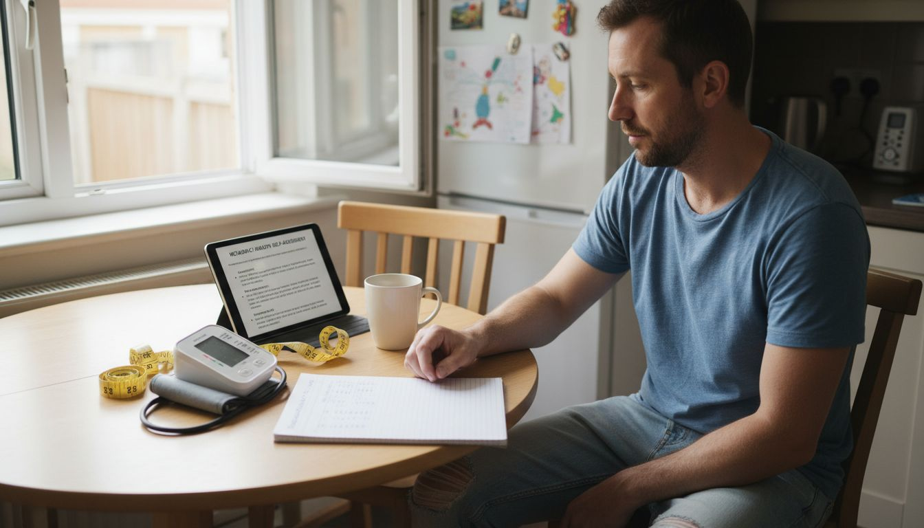 Man prepping for health assessment at kitchen table