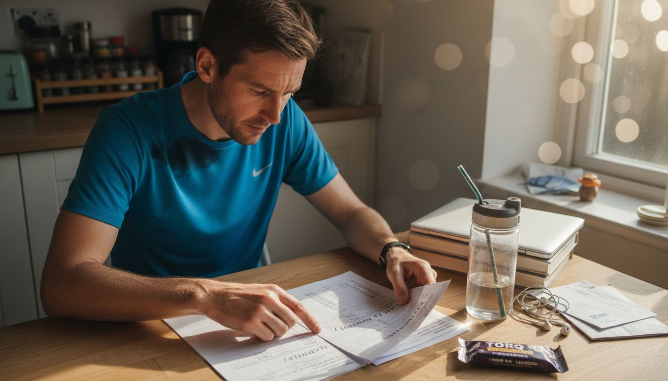 Athlete reviewing printed blood test reports at table