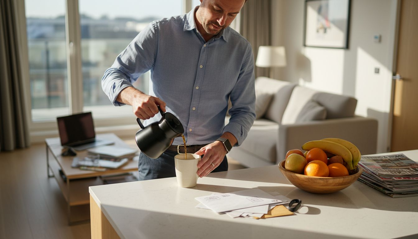 Man pouring coffee in sunlit kitchen shows daily health habits