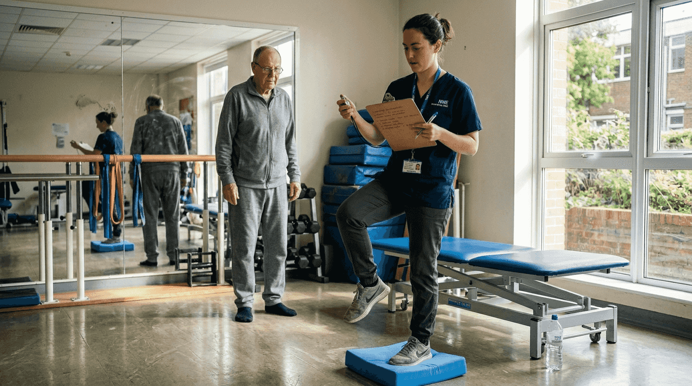 Physiologist conducting balance test in rehab gym