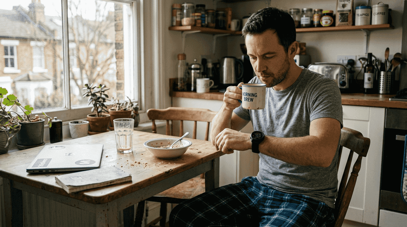 Man checking smartwatch health data at kitchen table
