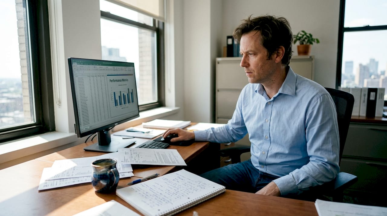 Analyst reviewing health biomarker spreadsheets