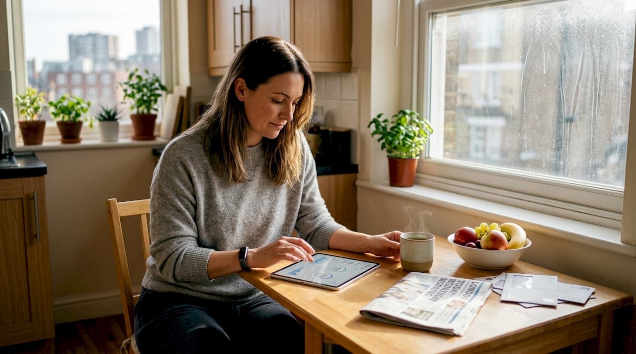 Woman checks health data at kitchen table
