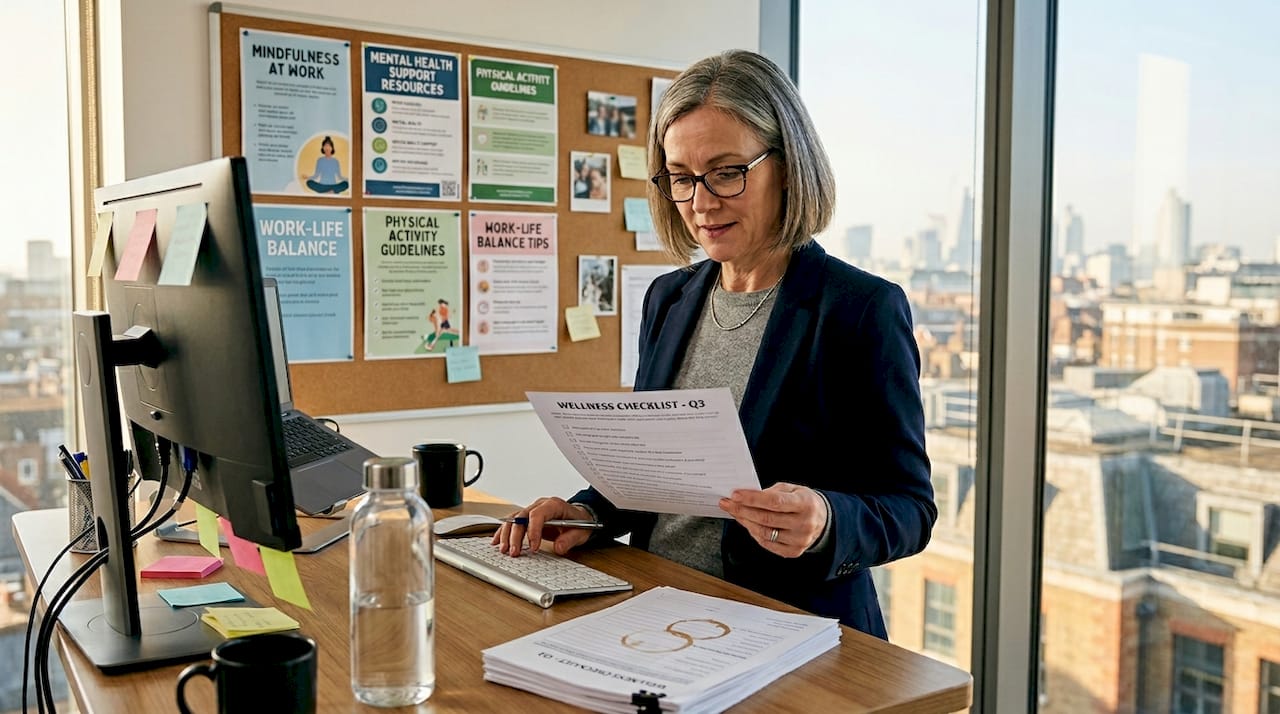 HR manager reviewing wellness checklist at desk
