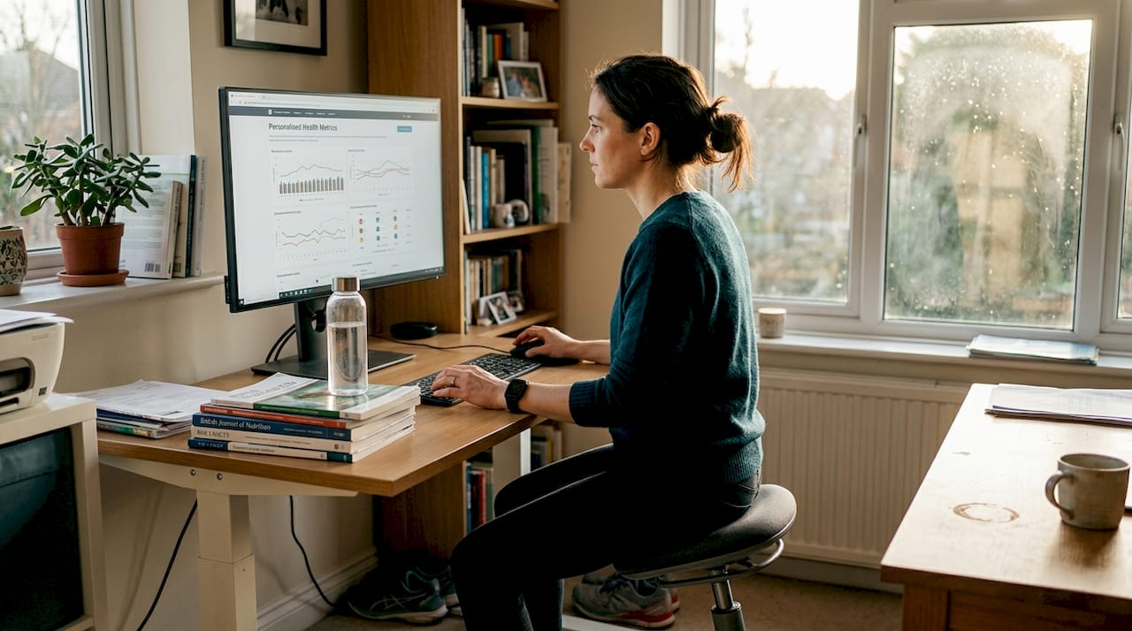 Woman analyzing personalised health data at home desk