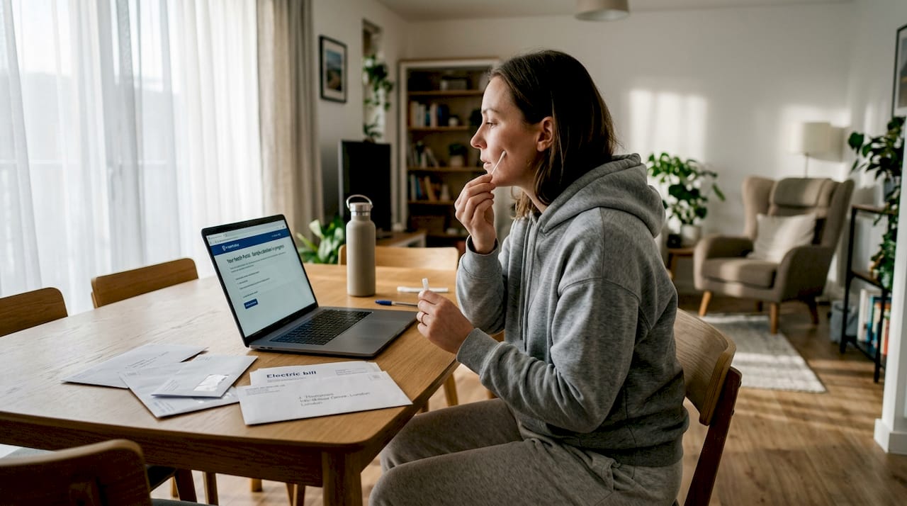 Woman using DNA test kit at home table