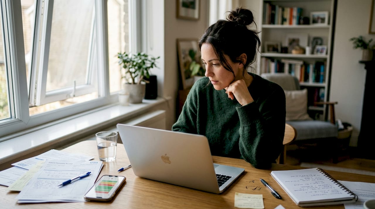 Woman reviewing health report in home office
