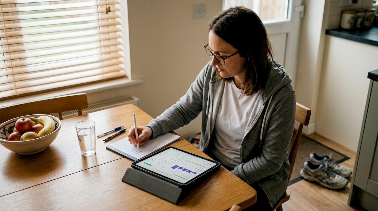 Woman tracking health data at kitchen table