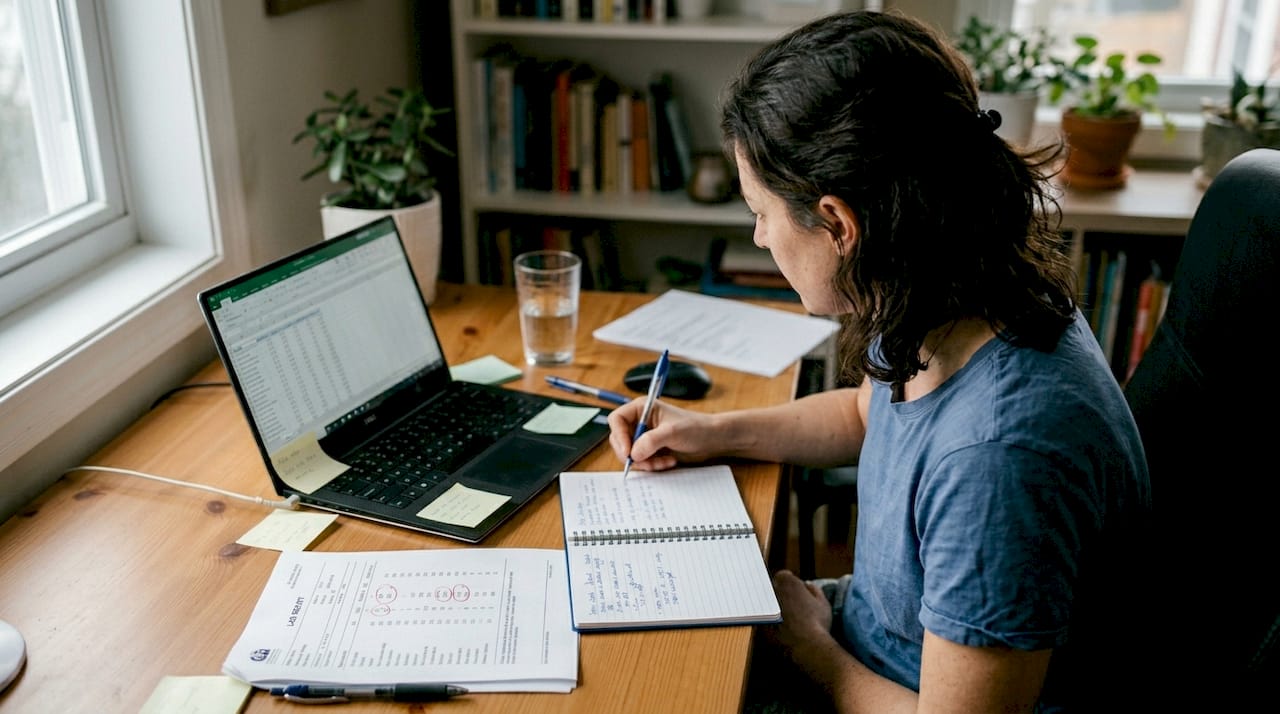 Woman reviewing personal health data at desk