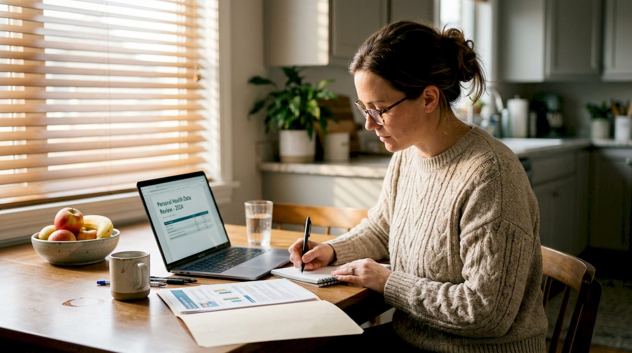 Woman reviewing gut health report at kitchen table