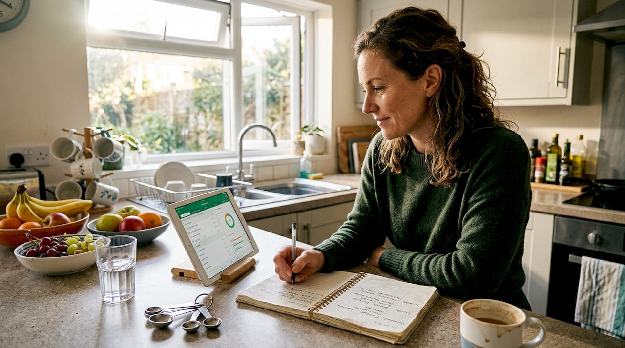 Woman tracking nutrition at kitchen island