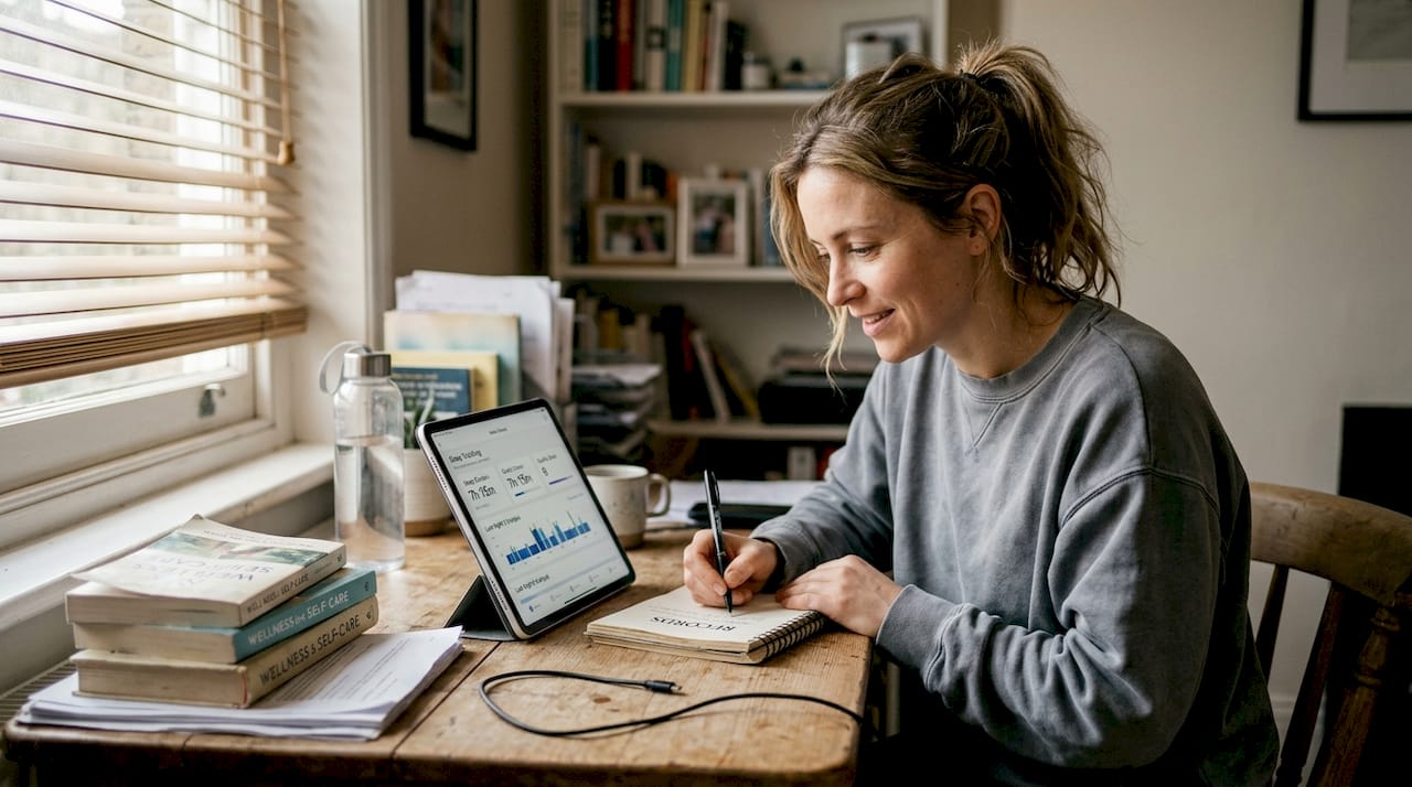 Woman reviewing sleep data at desk