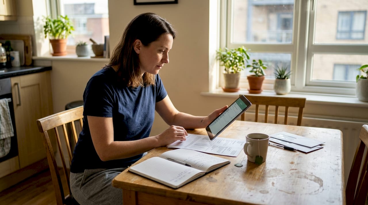 Woman using health tracker at kitchen table