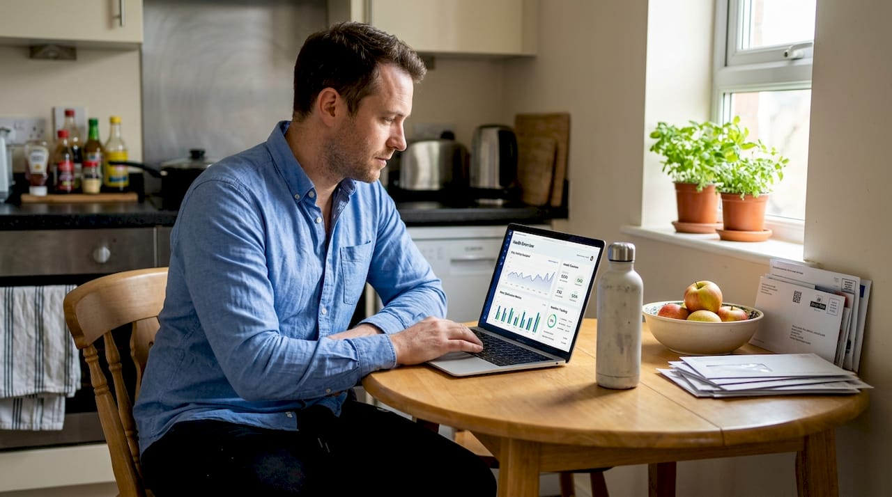 Man reviewing health dashboard at kitchen table