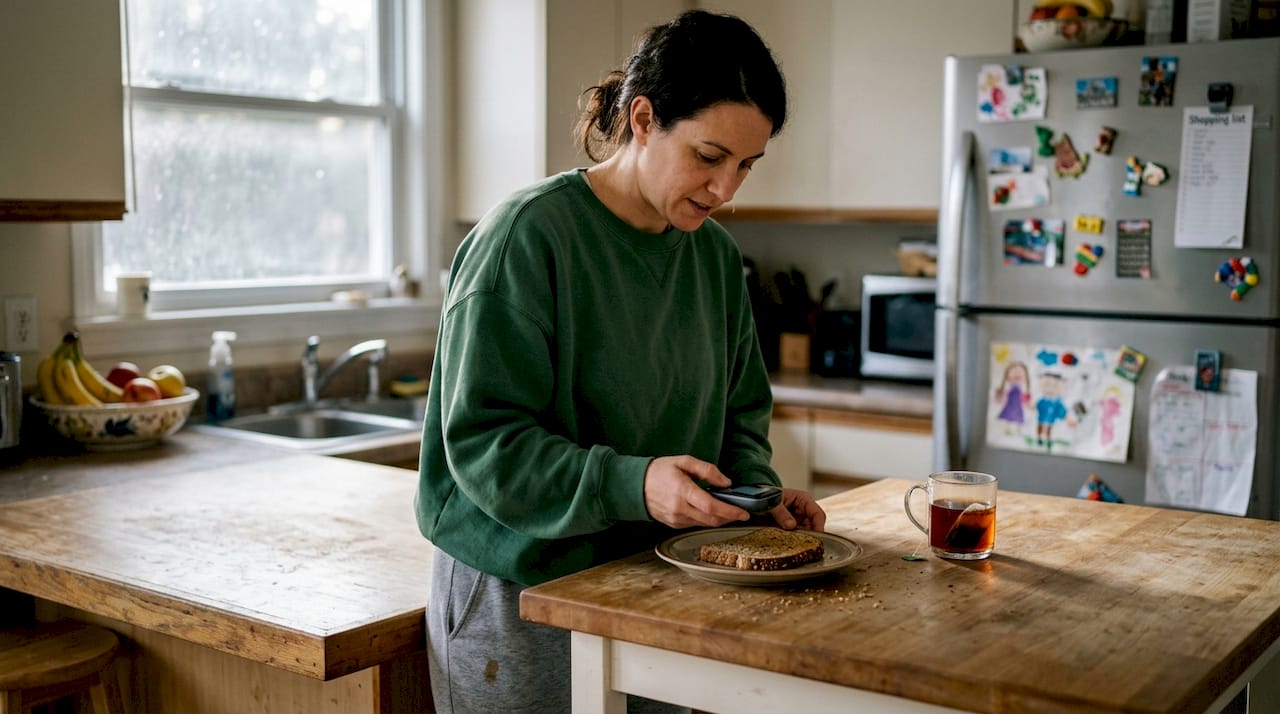 Woman measuring glucose at kitchen counter