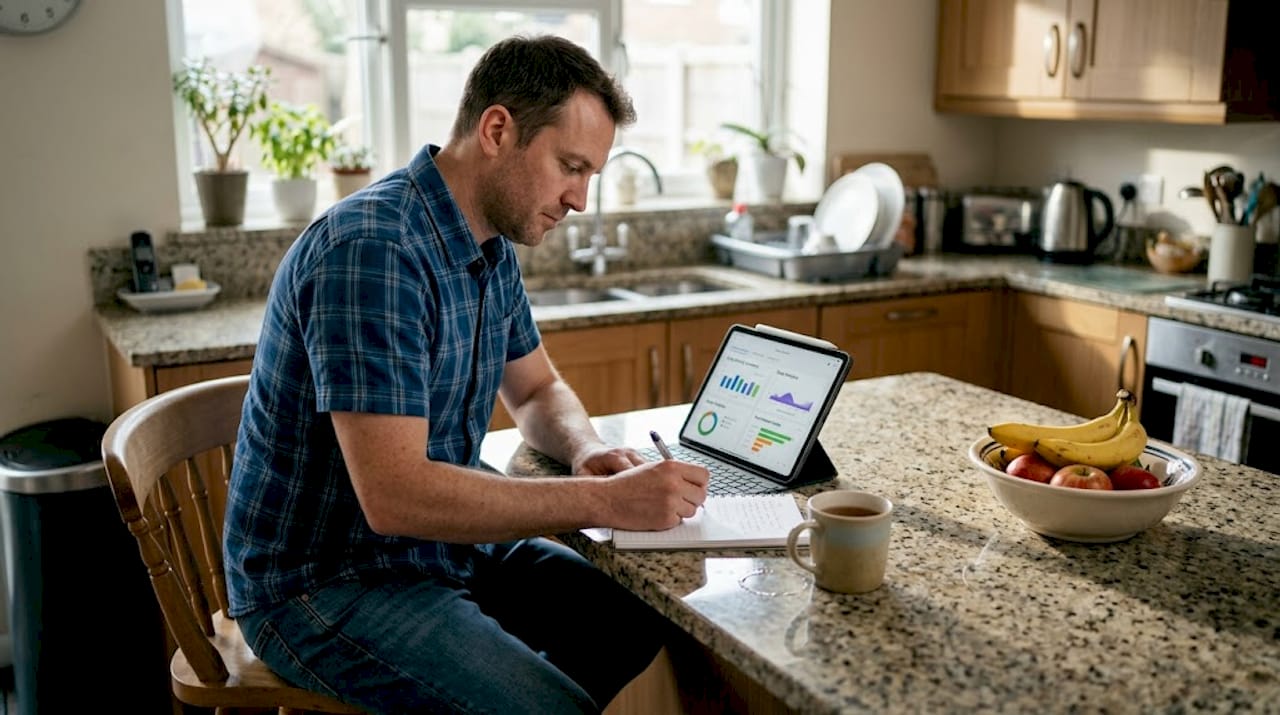 Man reviewing health metrics at kitchen counter