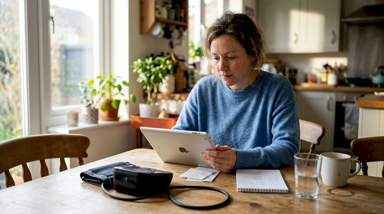 Woman tracking health data at kitchen table