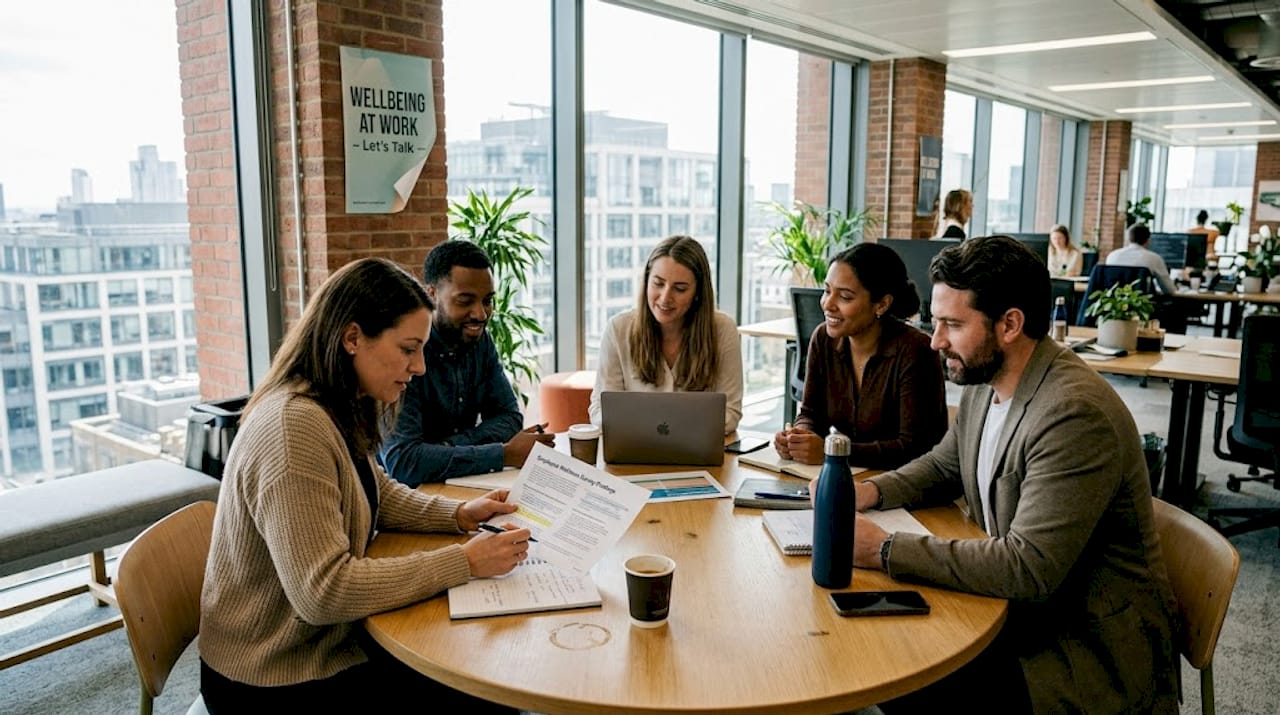 Employees review wellness survey results in open office