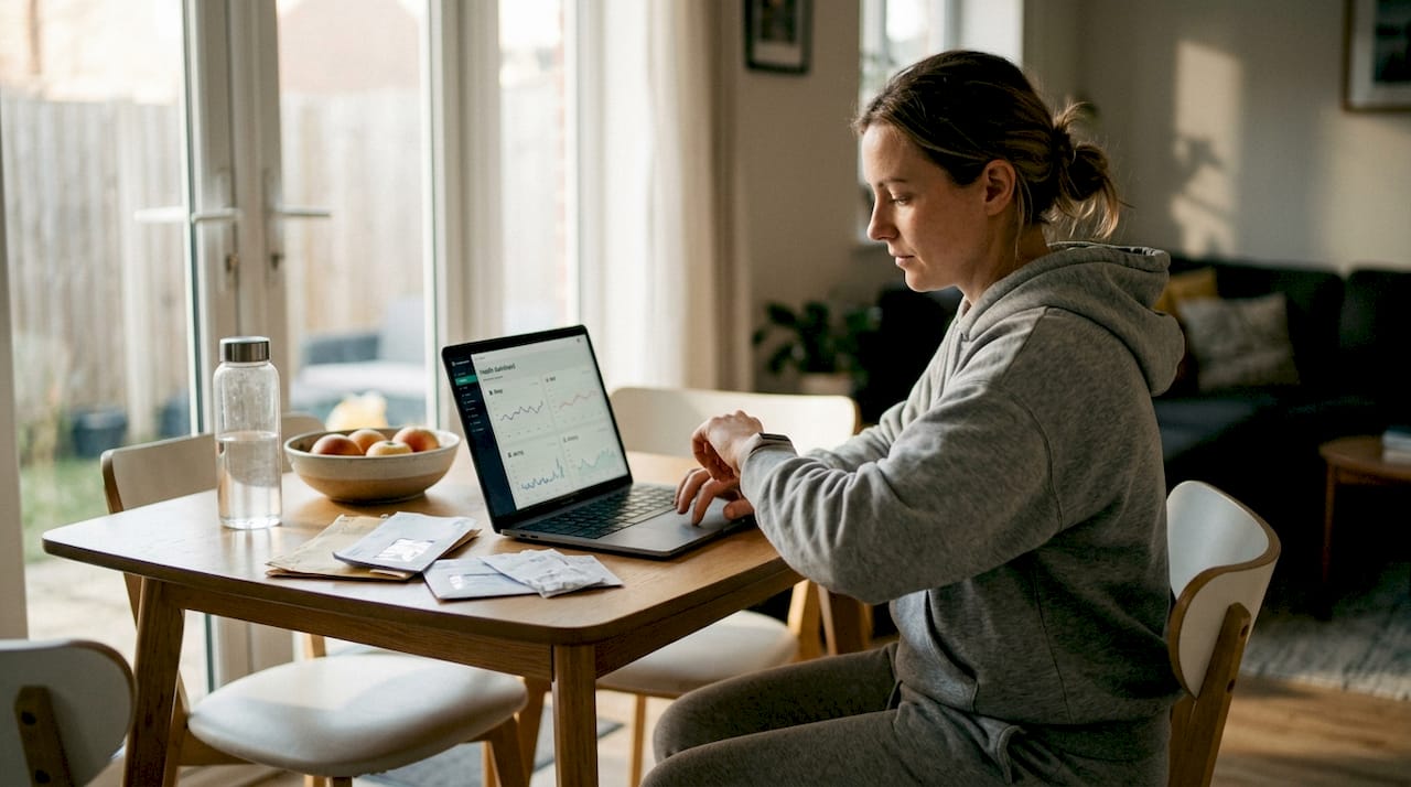 Woman reviewing health analytics on laptop and tracker