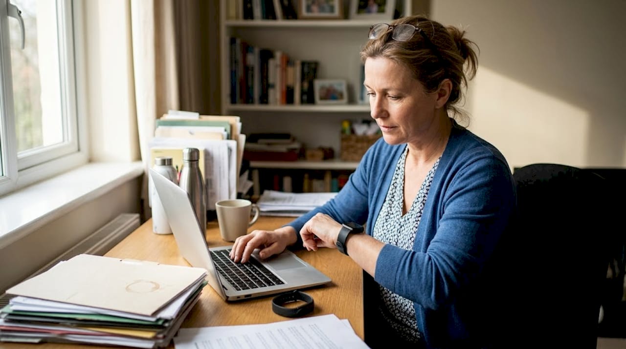 Woman tracking health data in home office