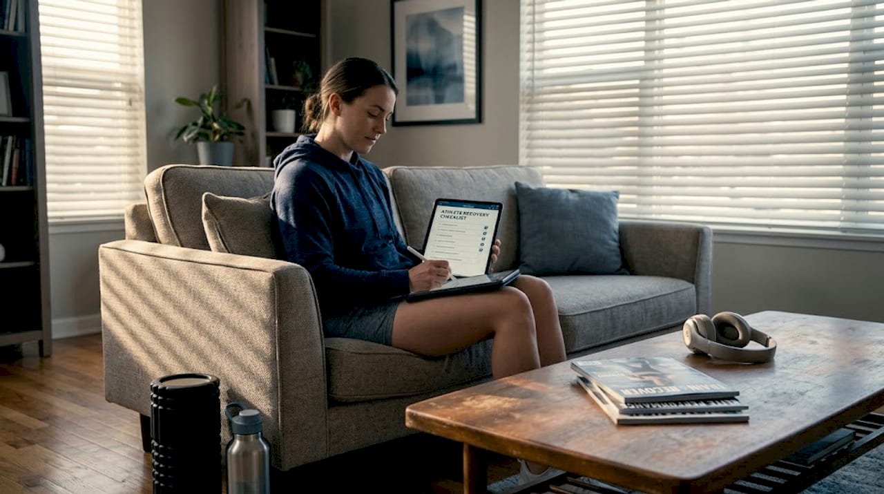Athlete reviewing recovery checklist on tablet