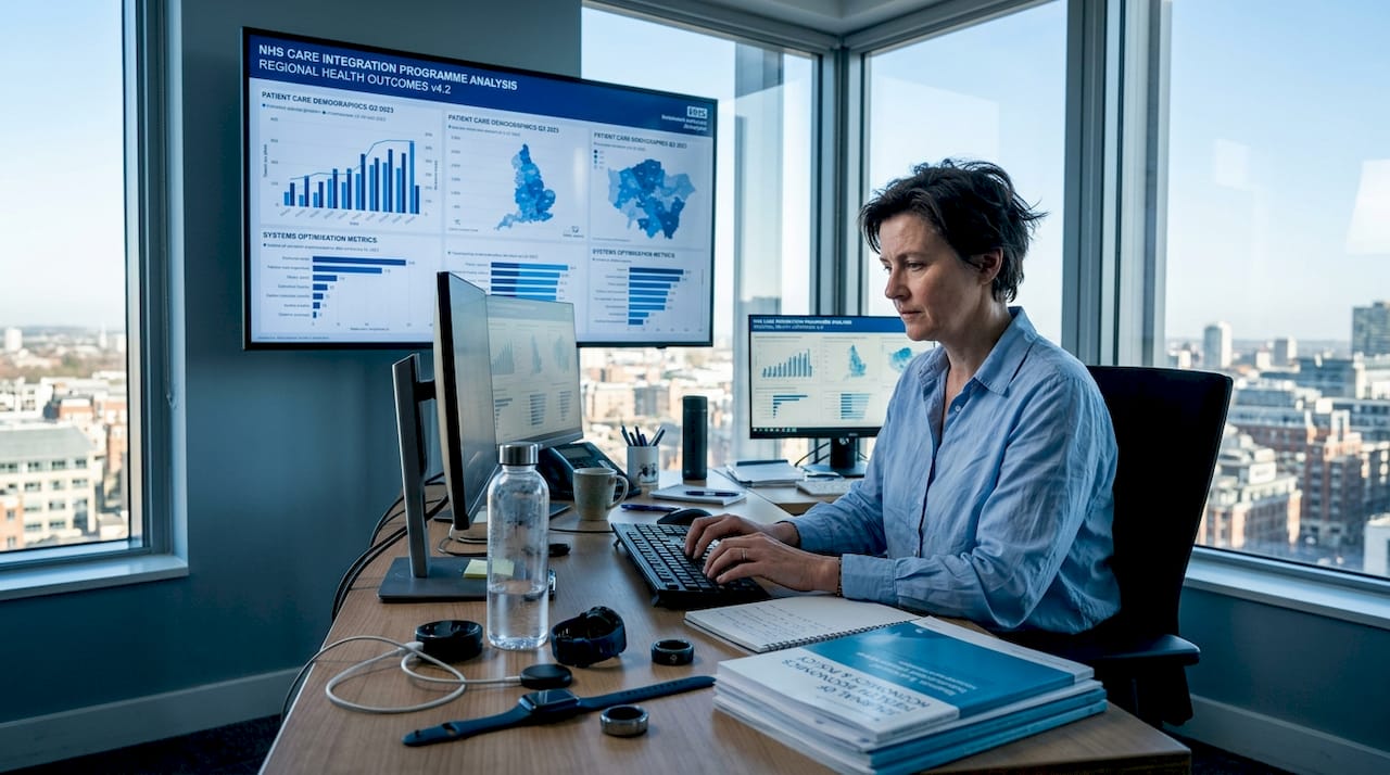 Analyst working at health AI office desk