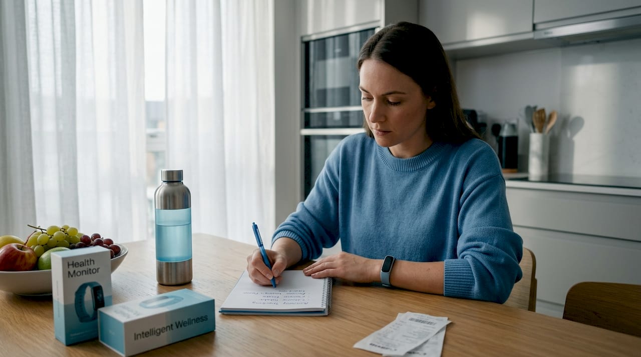 Woman reviewing fitness tracker at kitchen table
