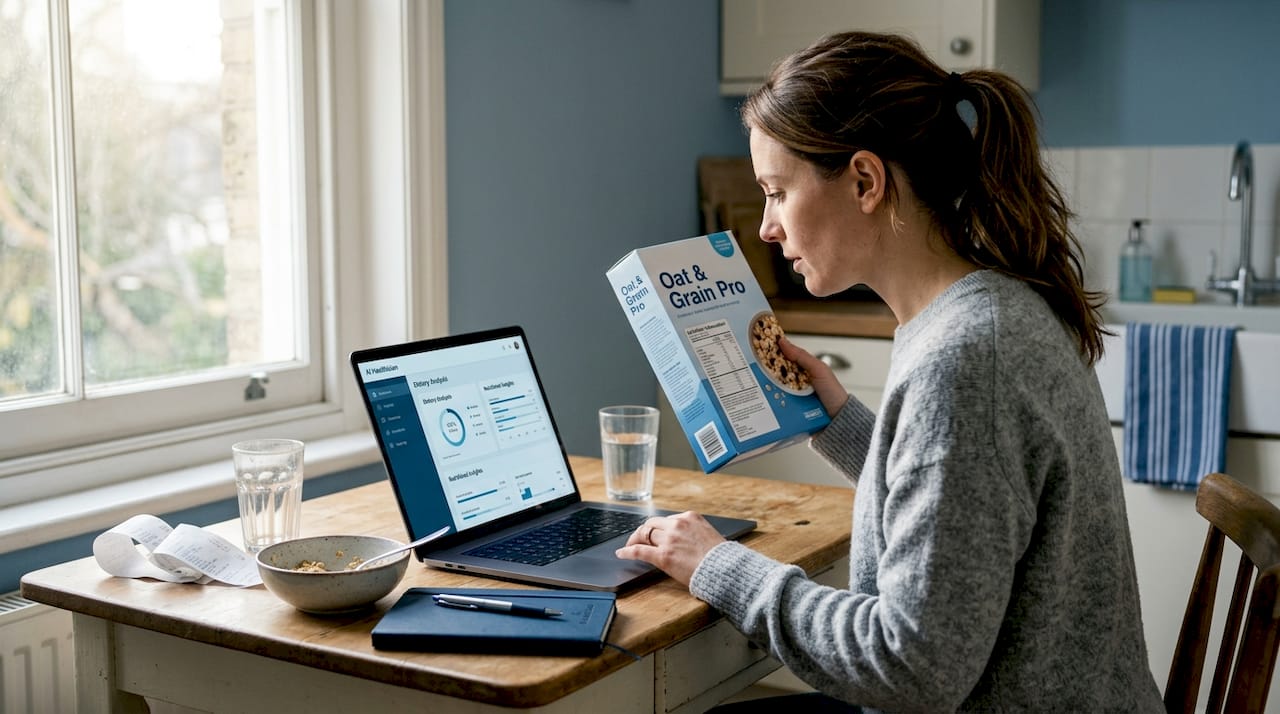 Woman reviews nutrition label at kitchen table