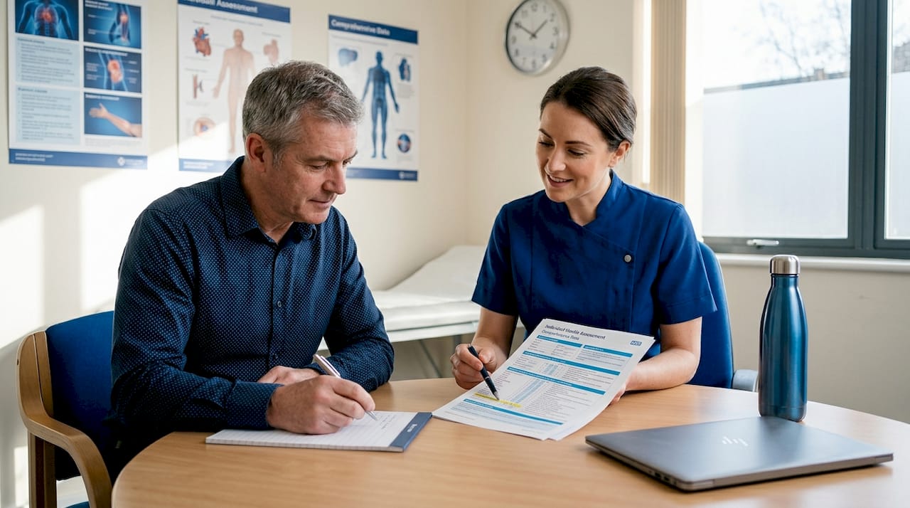 Clinician guides patient through assessment in office