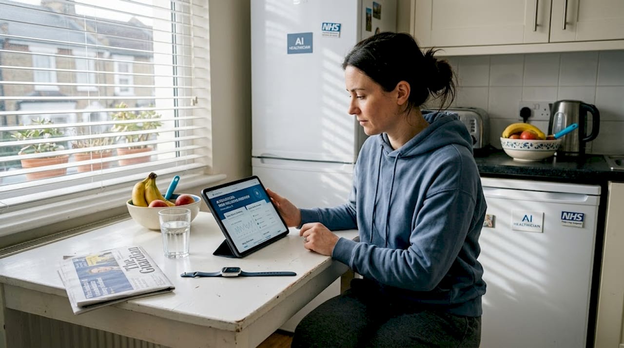 Woman reviewing health data on tablet at kitchen table