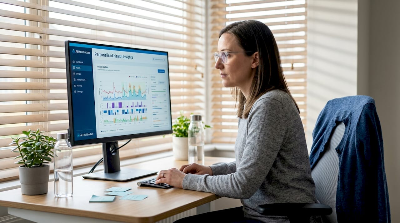 Woman reviewing personalised health report at desk