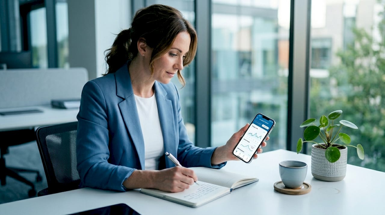 Woman reviewing energy level data at desk
