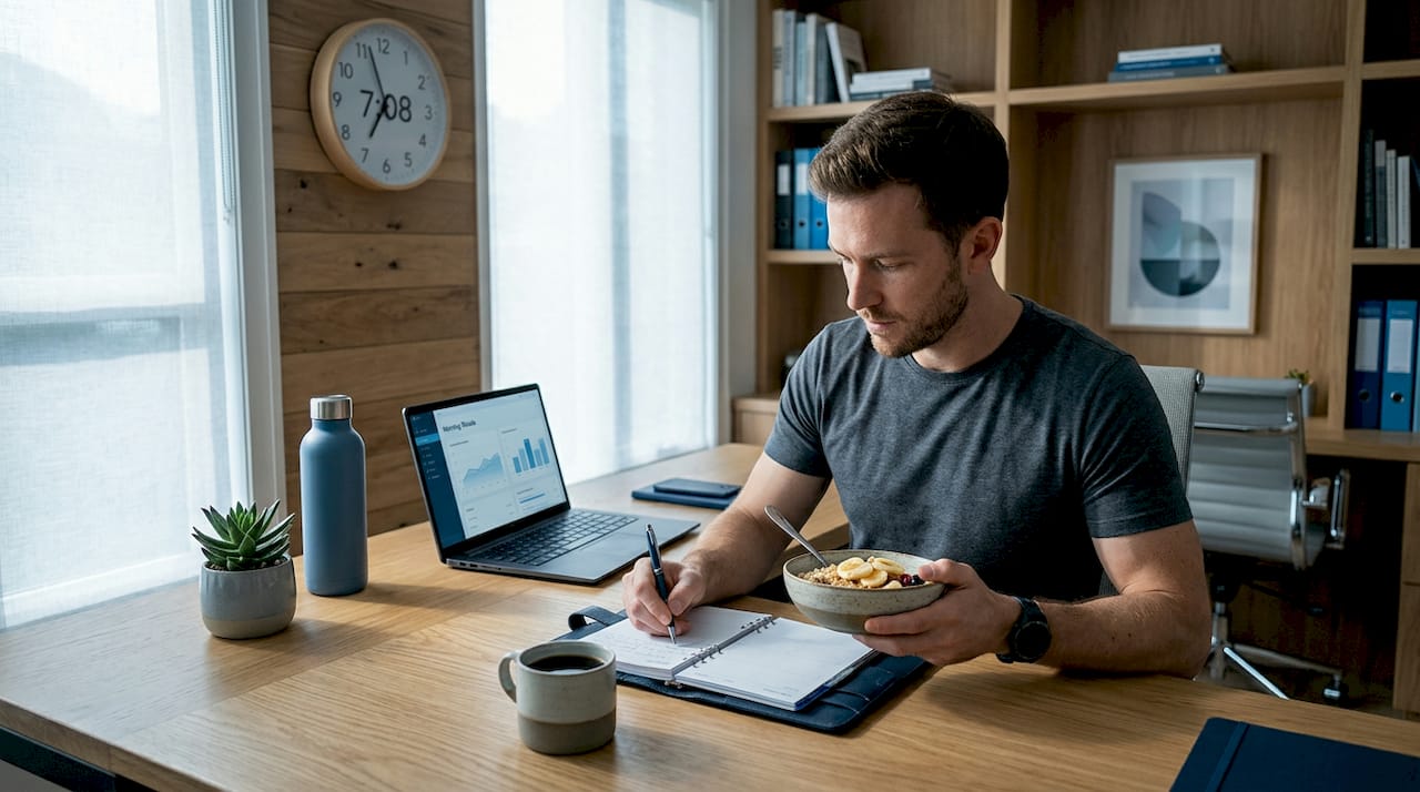 Man in kitchen planning productive morning