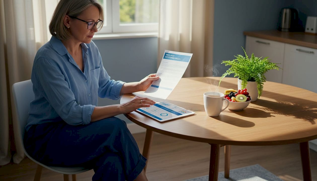 Woman reviewing holistic assessment at home desk