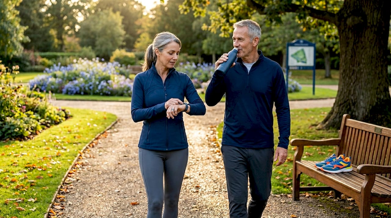 Couple walking for vitality in city park